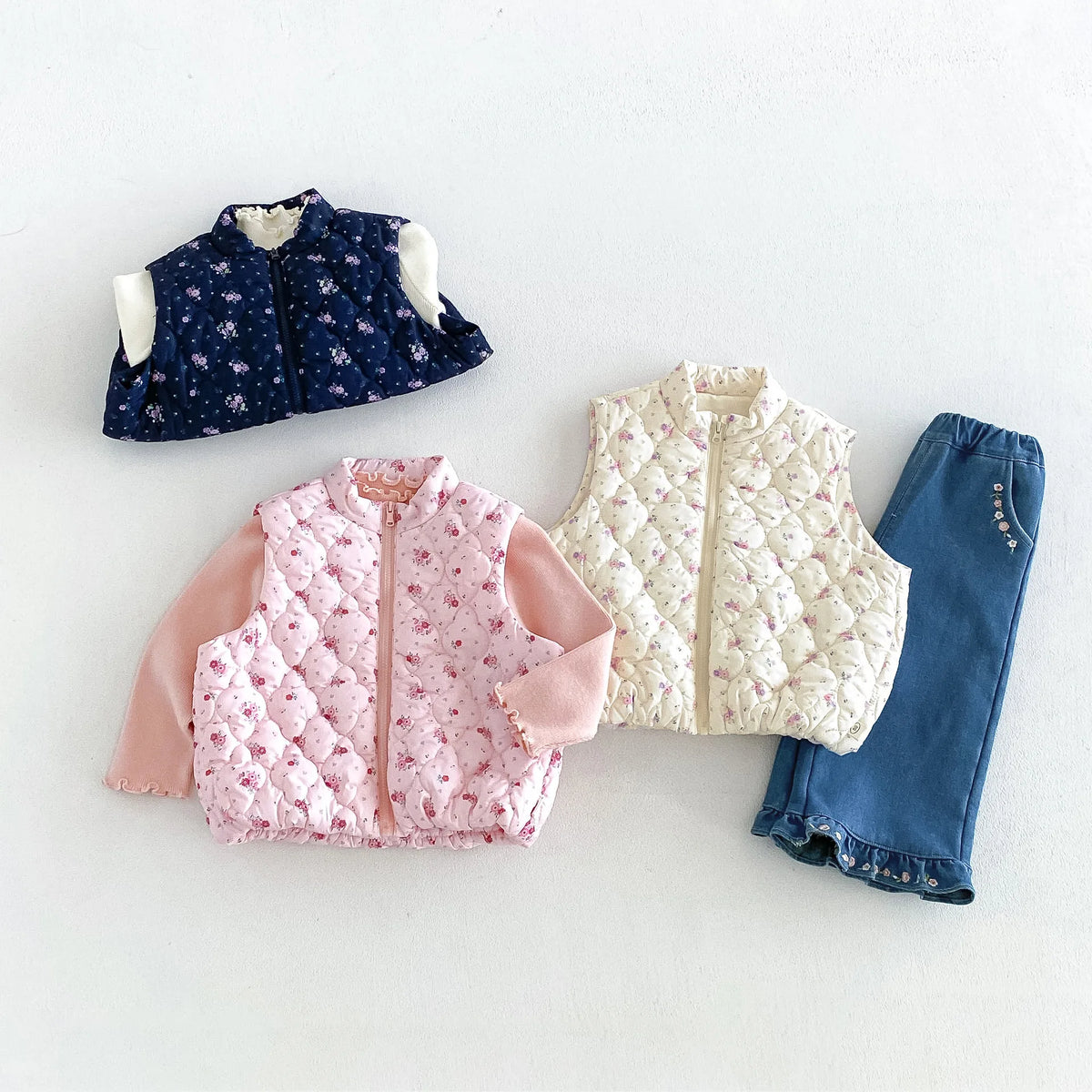 2026 New Winter Girls Quilted Floral Padded Vest | Thick Cotton Gilet | Cute Warm Outwear