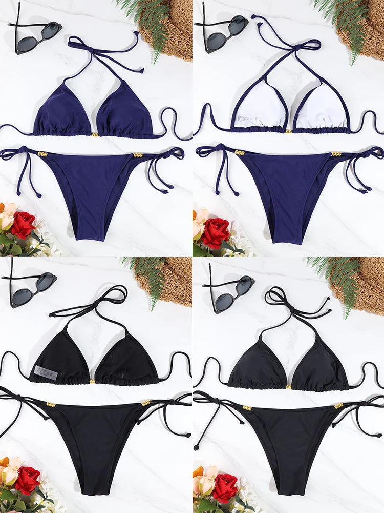 Sexy Triangle Bikini Sets Micro Thongs Swimsuit Women Bathing Suit  BeachwearSolid Color Swimwear Thong Bikini
