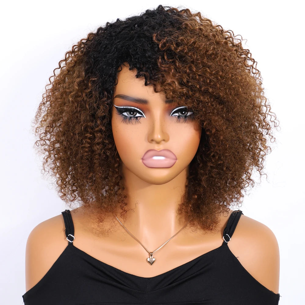 Lekker Highlight Brown Kinky Curly Bob 100% Human Hair Wigs For Women Brazilian Remy Hair Full Machine Made Clearance Curly Wigs