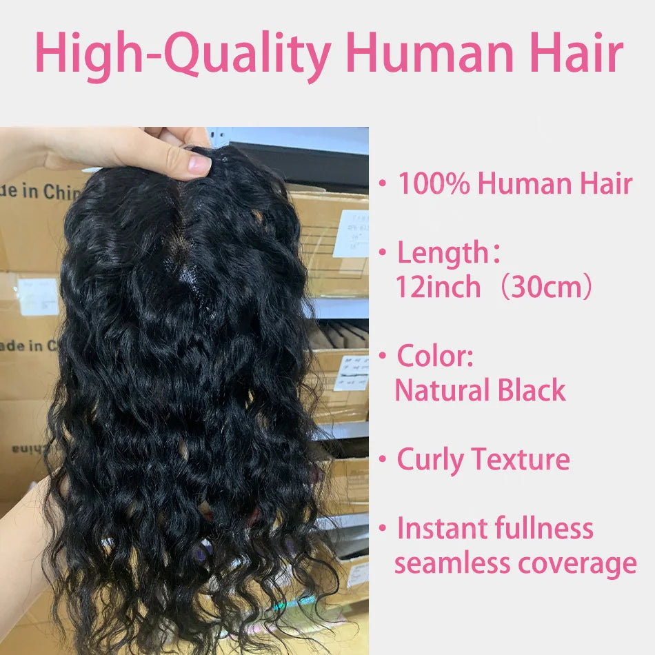 Real Human Hair Toppers for Women Clip In Curly 9x14cm 12 Inch Natural Black Breathable Mesh Base for Thinning Hair Add Volume