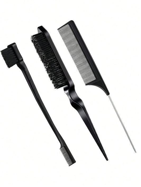 3pcs Styling Comb Set with Triple Tear Hair Brush Mouse Tail Comb Edge Brush, Salon Hair Styling Tool Special for Real Hair Wigs