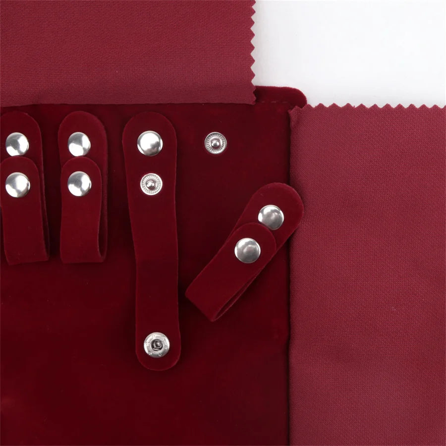 Burgundy Velvet Jewelry Roll Bag Portable Foldable for Necklace Earrings Ring Travel Exhibitions Organizer Storage Bag