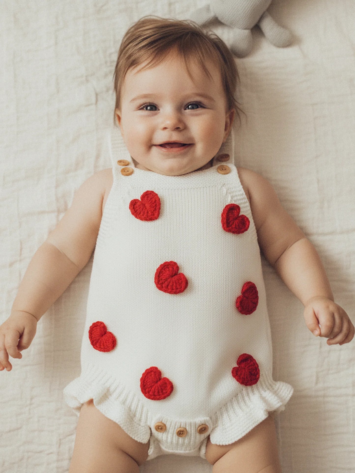 Baby Girl Valentine’s Day Romper Sleeveless Square Neck Heart Bodysuit Newborn Knit Overalls