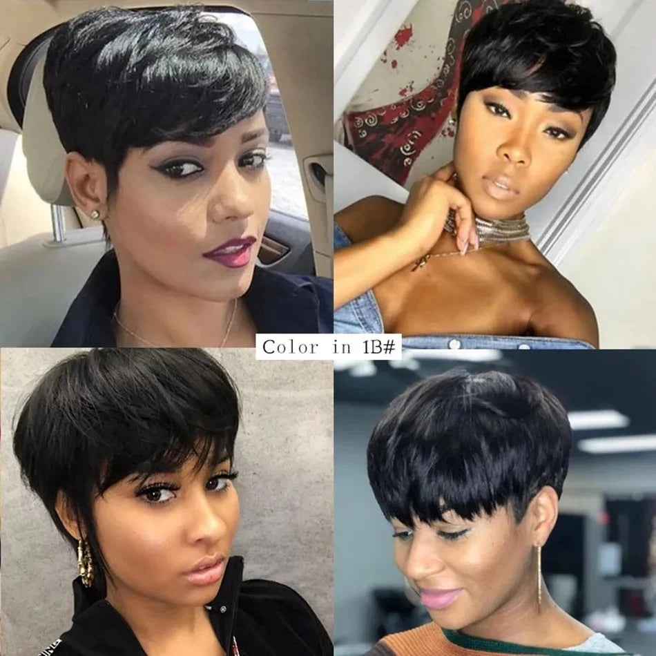 Short Pixie Cut Wig Black Real 100% Human Hair Wigs for Black Women Textured Layered Side Bang Natural Hairline Daily Work Styl