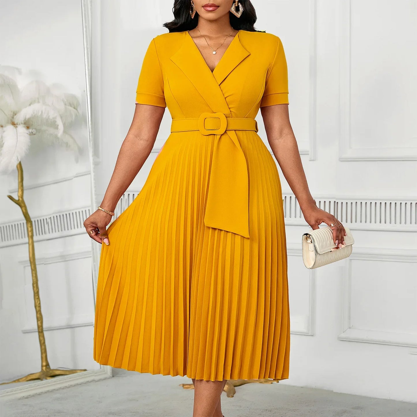 Sexy Short Sleeve V-Neck Elegant African Pleated Dress High Waist Midi Dress Fashionable Atmosphere Casual Elegant Style