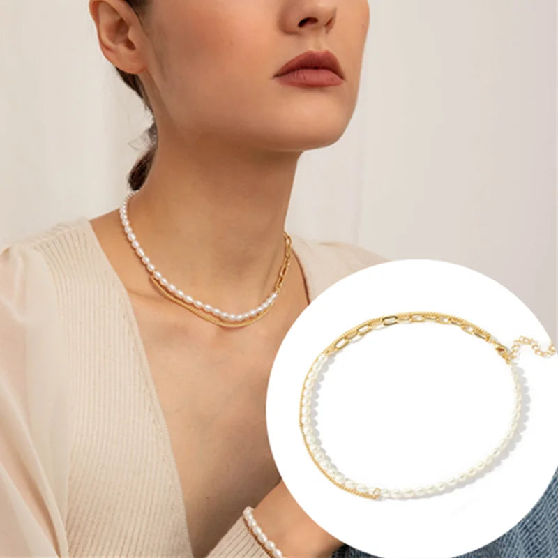 Fashion Splicing Chain Necklaces White Imitation Pearl Choker Necklace For Women Trend Elegant Jewelry Wedding Gifts