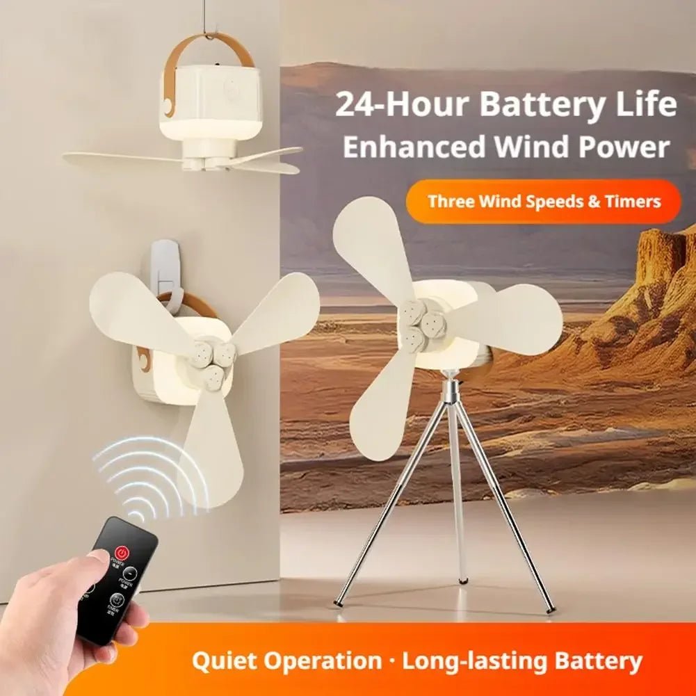 Portable Ceiling Fan with Remote & 3600mAh Battery – 3-Speed, 8-12H Runtime, Night Light for Camping & Outdoor