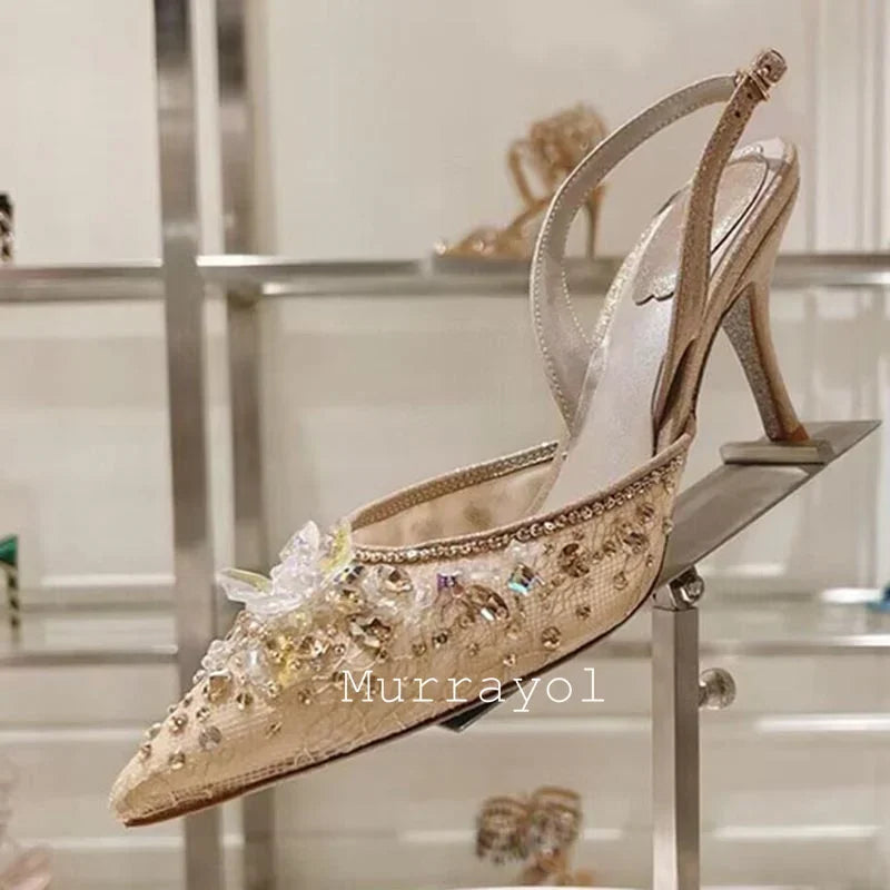 Pointed Toe Lace Gauze Thin High Heels Sandals Women Shine Rhinestone Decor Sandalias Summer Party Dress Wedding Shoes Pumps