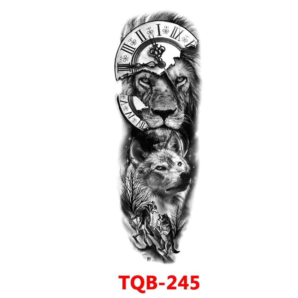 Large Arm Sleeve Tattoo Rose Gear Clock Eye Waterproof Temporary Tatto Sticker Lion Wolf King Body Art Full Fake Tatoo Women Men