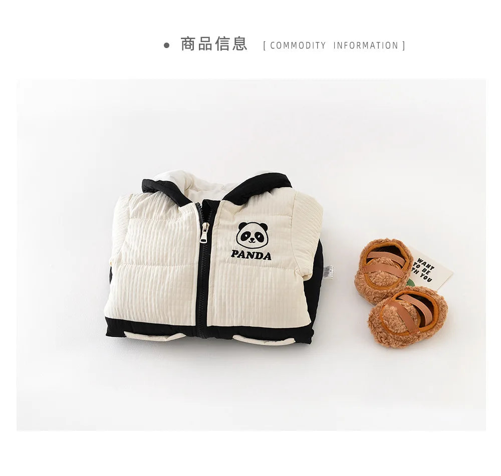 2024 Winter Baby Long Sleeve Warm Hooded Romper Cute Panda Print Newborn Plus Velvet Thick Jumpsuit Infant Girl Boy Warm Clothes