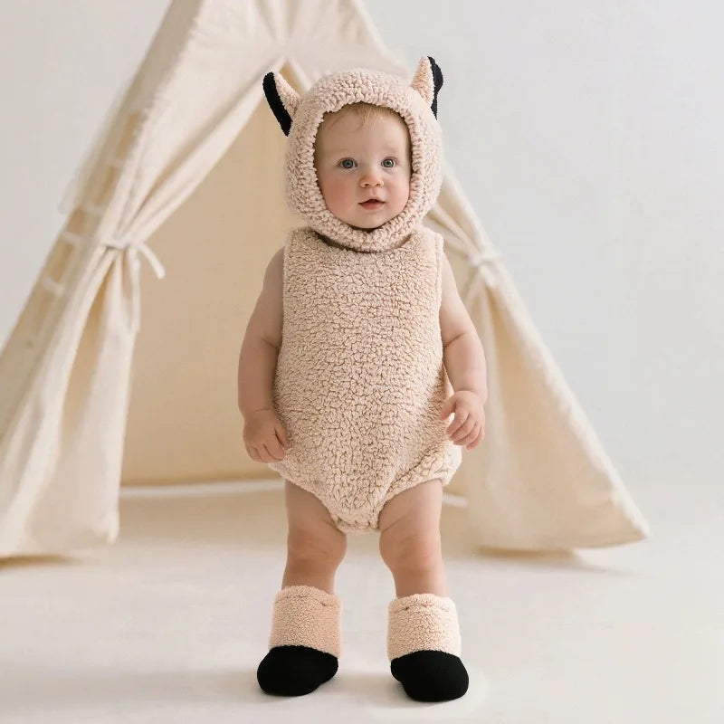 Newborn Baby Sherpa Romper Sleeveless Hooded Sheep Horn Bodysuit Cute Animal Onesie Toddler Warm Jumpsuit Winter Playsuit.