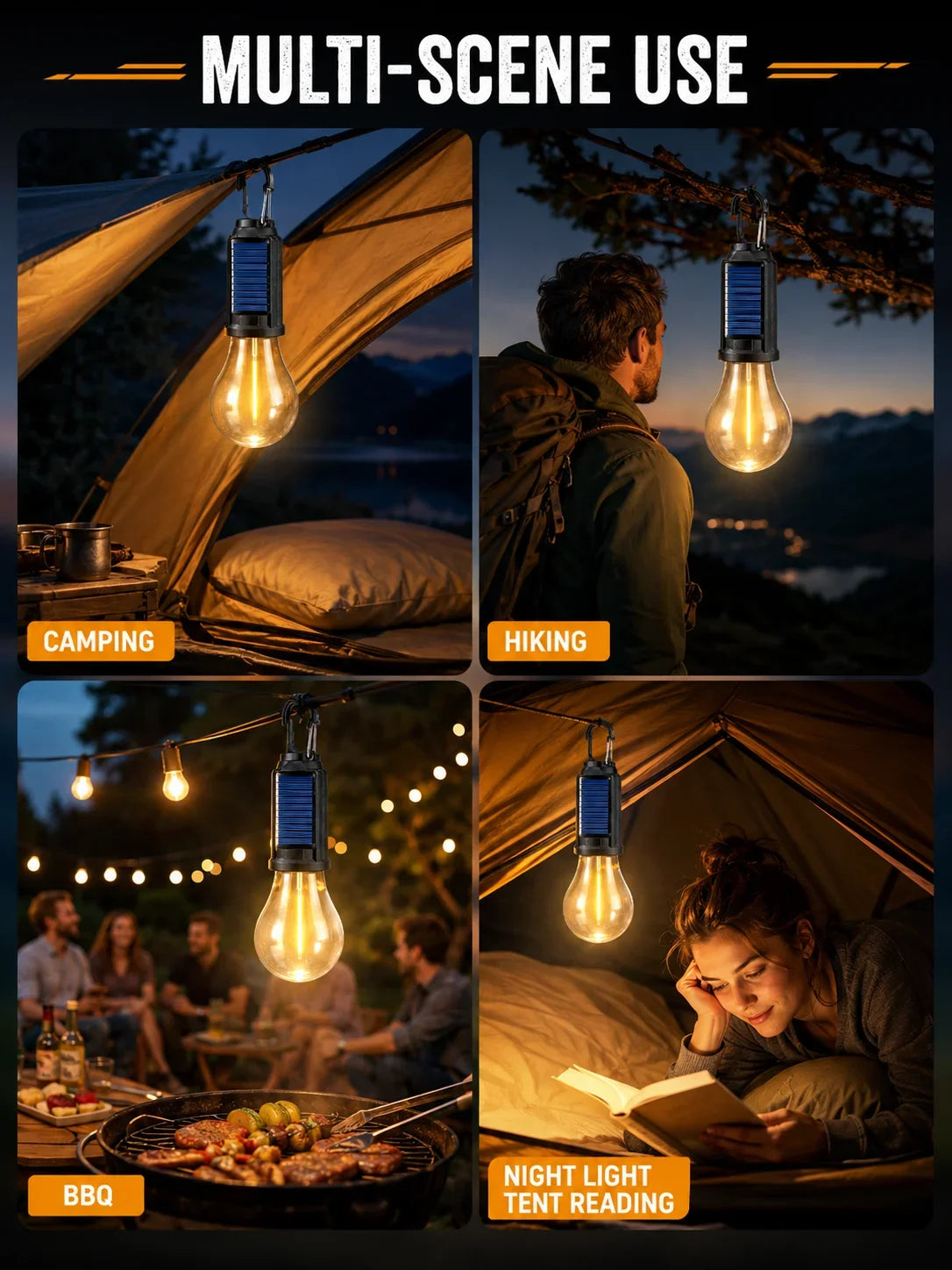 Solar Camping Light Bulb USB Rechargeable Hanging Tent Lamp Waterproof Portable Outdoor Lantern for Camping BBQ Garden Decor