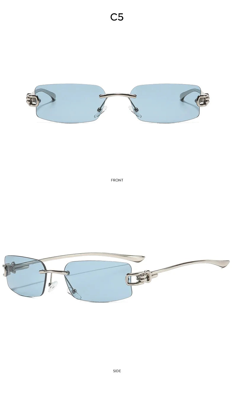SO&EI Ins Popular Fashion Rectangle Rimless Sunglasses Women Retro Clear Ocean Lens Shades UV400 Men Trending Sun Glasses