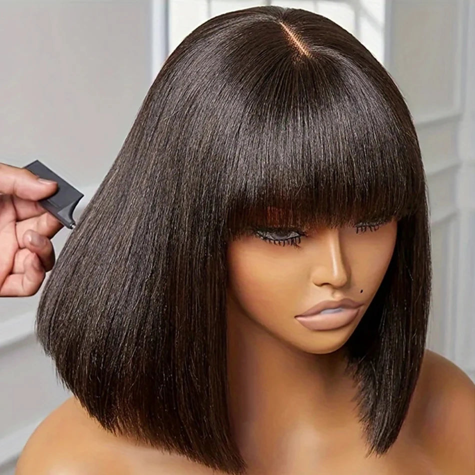 Straight Human Hair Wigs With Bangs Fringe 3X1 Part Lace Bob Wigs Realistic Scalp Brazilian Straight Virgin Bob Wigs With Bangs