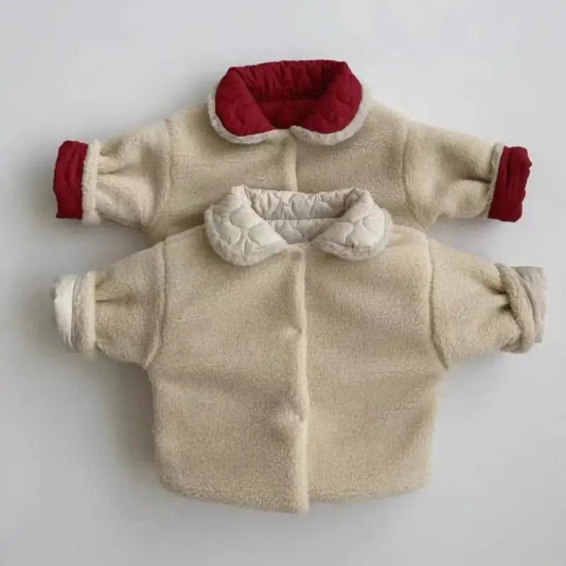 Autumn Winter Ins Children Plus Velvet Thicken Cotton Coat Girl Baby Fashion Solid Lapel Tops Kid Boy Fleece Warm Casual Jacket