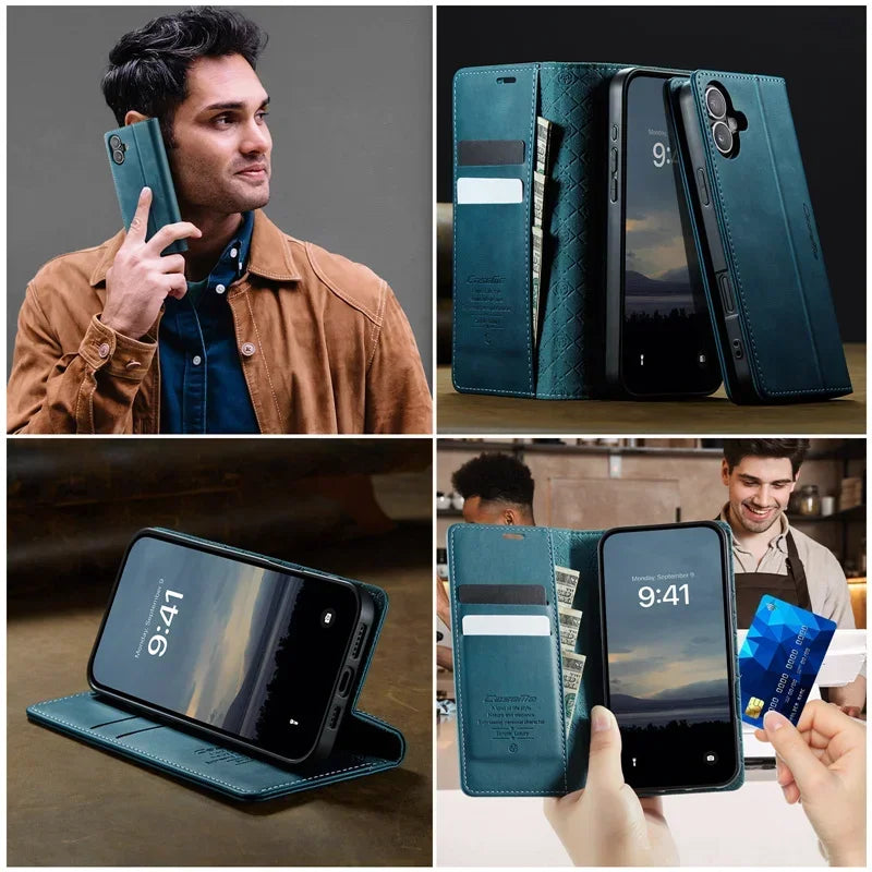 Magnetic Leather Wallet Card Phone Case For iPhone 17E 17 Air 16E 16 Pro Max 15 Plus 14 13 12 11 Flip Wireless Charging Cover