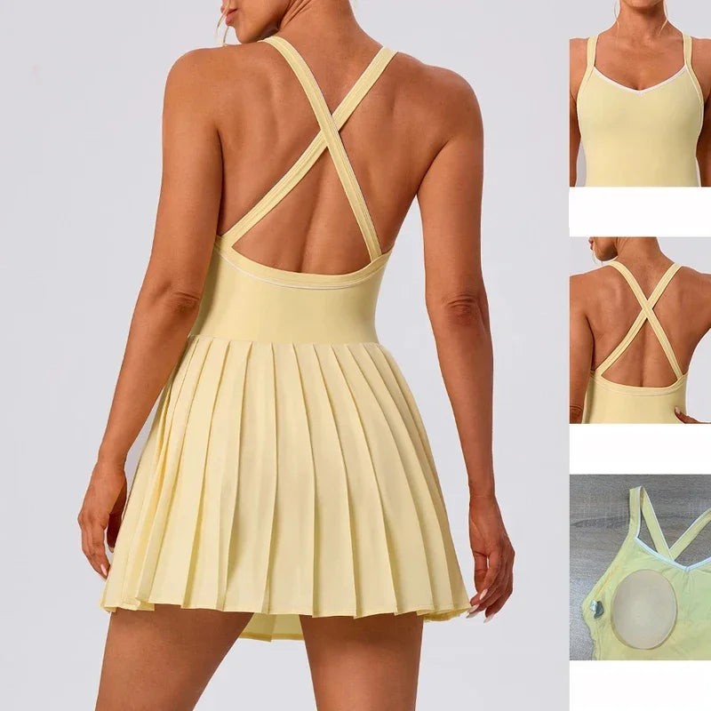 Women's Pleated Tennis Dress with Shorts Moisture-wicking Badminton Dress with Chest Pad Athletic Sports Outfit