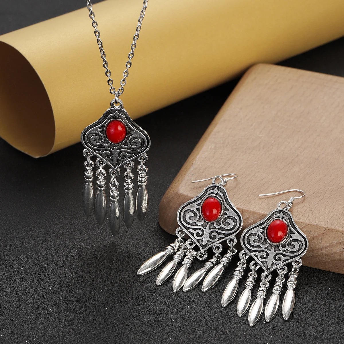 2023 Indian Jewelry Set Ethnic Silver Plated Geometric Carved Tassel Earring Necklace Women's Blue Turquoises Chain Jewelry