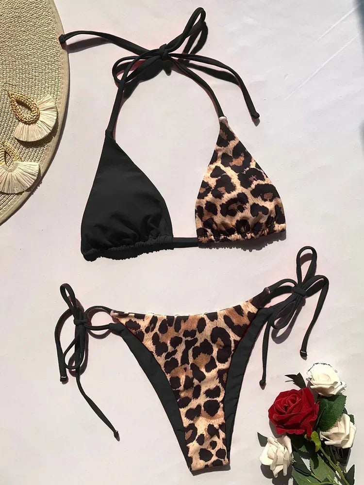 Halter Splicing Leopard Bikinis 2026 Satin Bikini Female Swimsuit Women Swimwear Two-pieces Bikini Set Micro Bathing Suit Swim