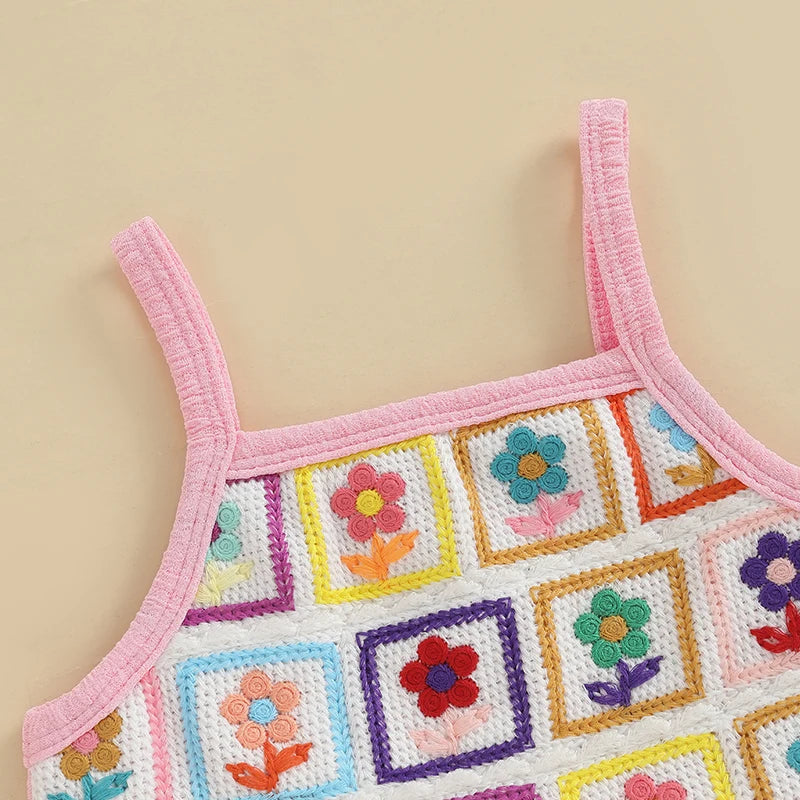 Toddler Girl Crochet Outfit Crochet Floral Crop Top Sleeveless Camisole Ruffle Top and Pant Set Baby Summer Clothes