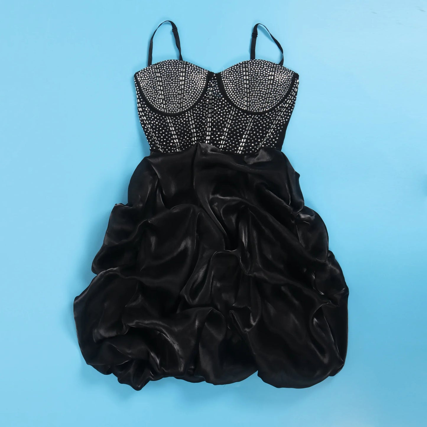 HBLL Sexy Rhinestone Bodycon Ruched Puff Suspenders Dresses Women Sheer Mesh Birthday Party Night Clubwear Summer Dresses Robes