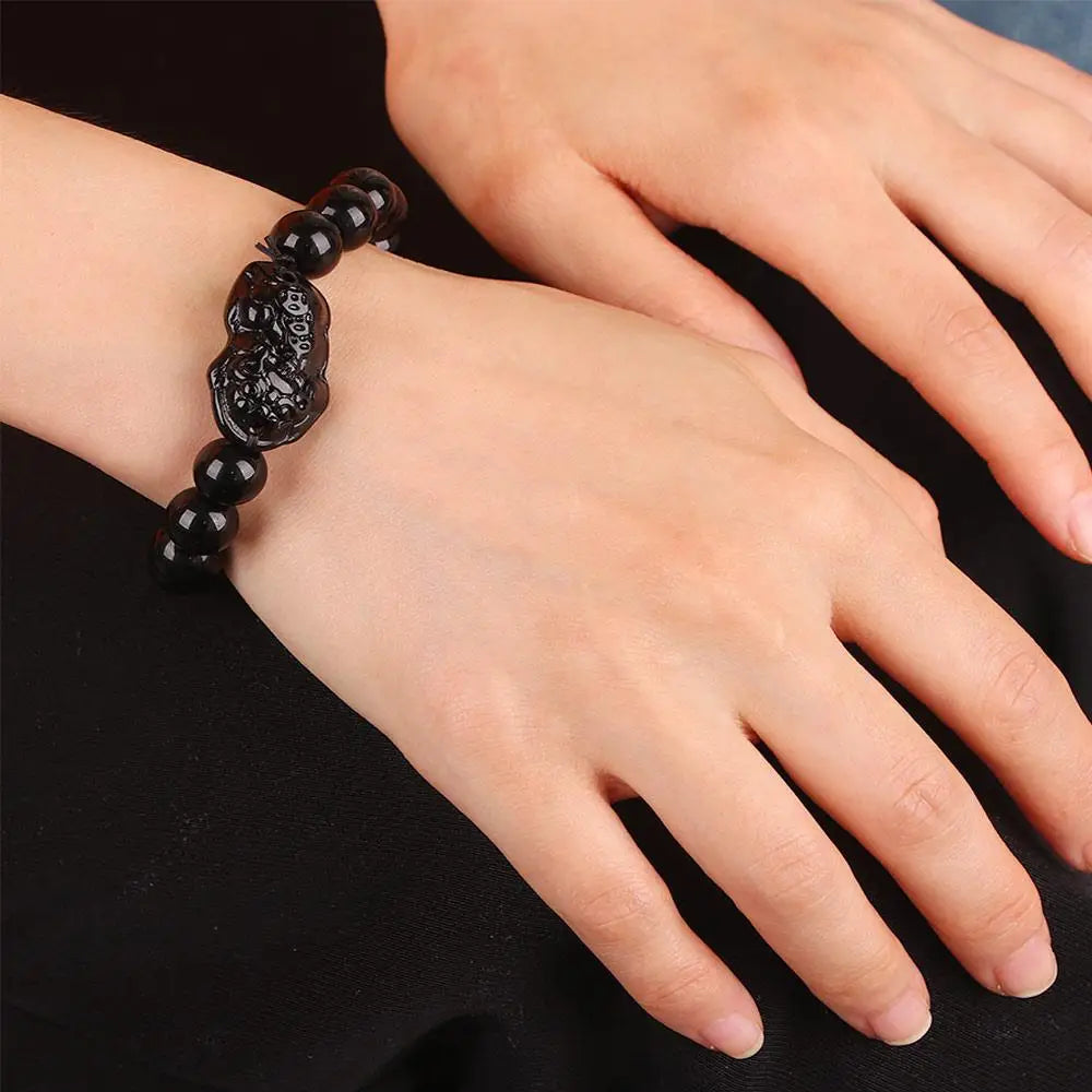 Fashion Jewelry Unisex Pixiu Men Attract Wealth Women Bracelets Obsidian Stone Beads Wristband Good Luck Bangle