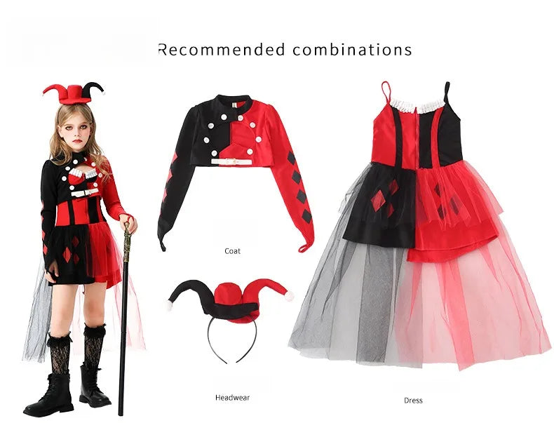Halloween Cosplay Costumes Horror Clown Dresses Pants Headwear Clothes Sets Carnival Theme Party Role Playing Outfits for Girls