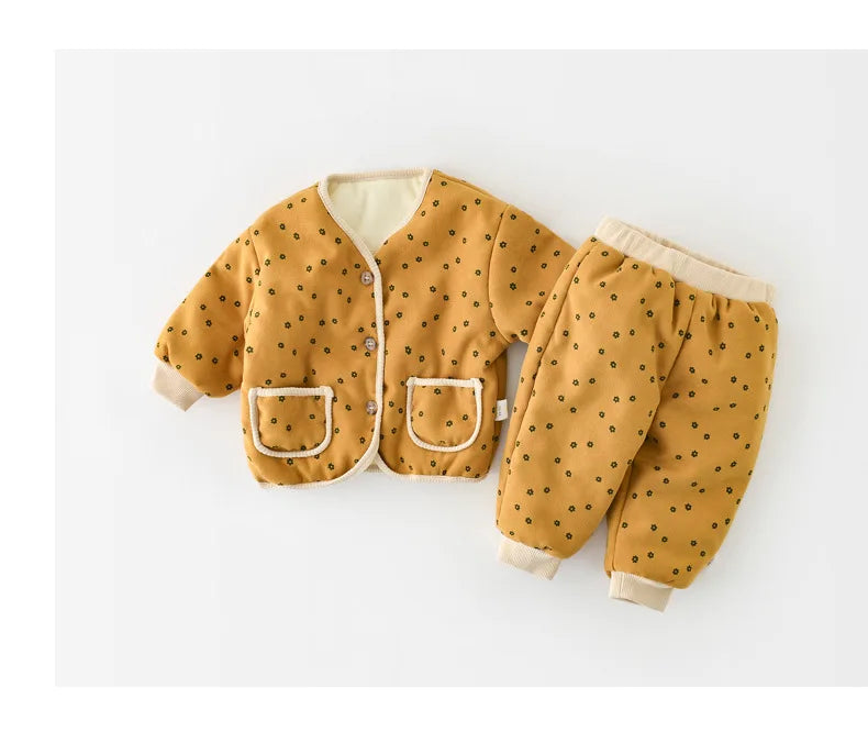 2026 Winter New Baby Warm Clothes Set Cute Leopard Floral Coat + Pants 2pcs Suit Vintage Baby Girl Outfits Infant Jacket Set