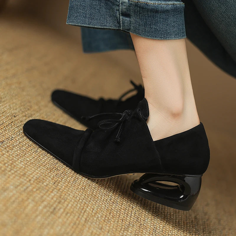 2025 New Women Pumps Sheep Suede Leather Shoes for Square Toe Low Heel Shoes Casual Lace-up Handmade Shoes 34-42 Women Heels
