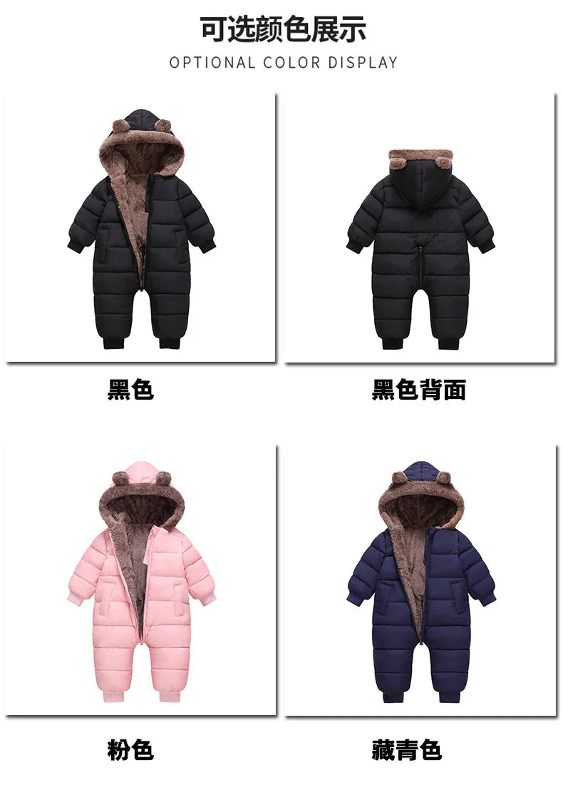 Autumn Winter Newborn Boys Girls Rompers Fleece-lined Zipper Keep Warm Hooded Bodysuits For Baby Kids Children Birthday Present