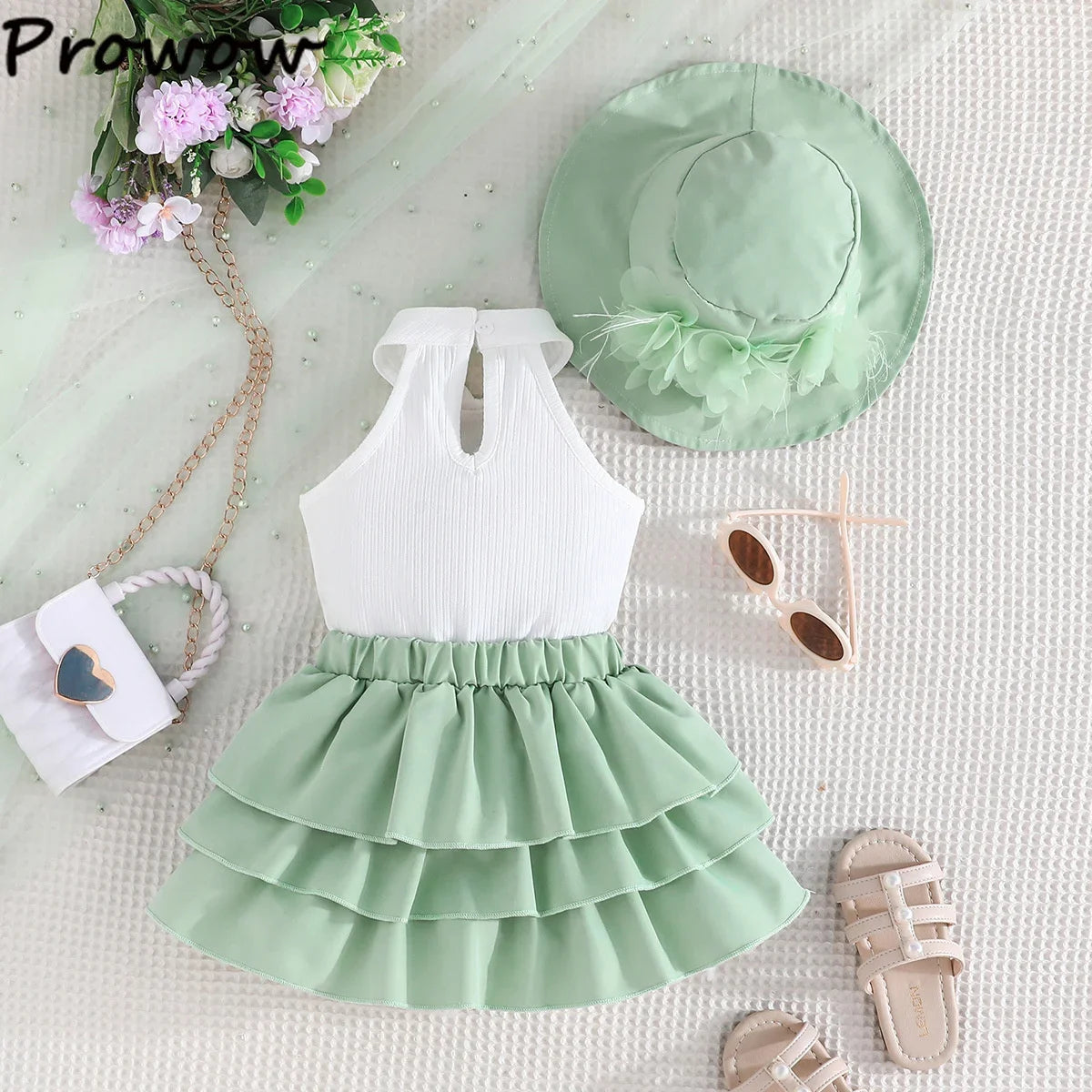 Toddler Girl Outfit Sets Sleeveless Turtleneck Fixed Flower T-shirt+Layered Skirt+Sun Hat Summer 3pcs Sets For Baby Girl Clothes