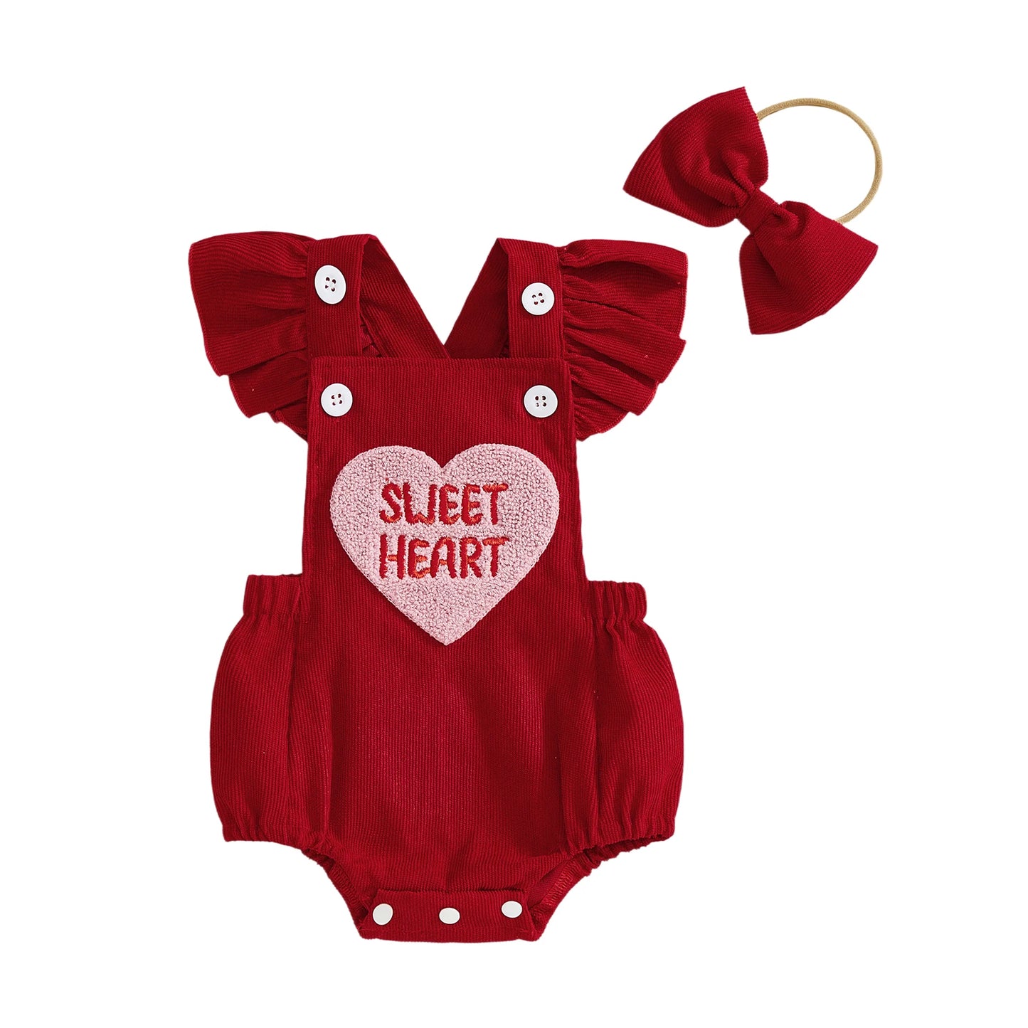 Baby Girl Valentines Outfit Letter Love Heart Embroidered Ruffled Trim Flying Sleeve Romper and Bow Headband 2 Pcs Set