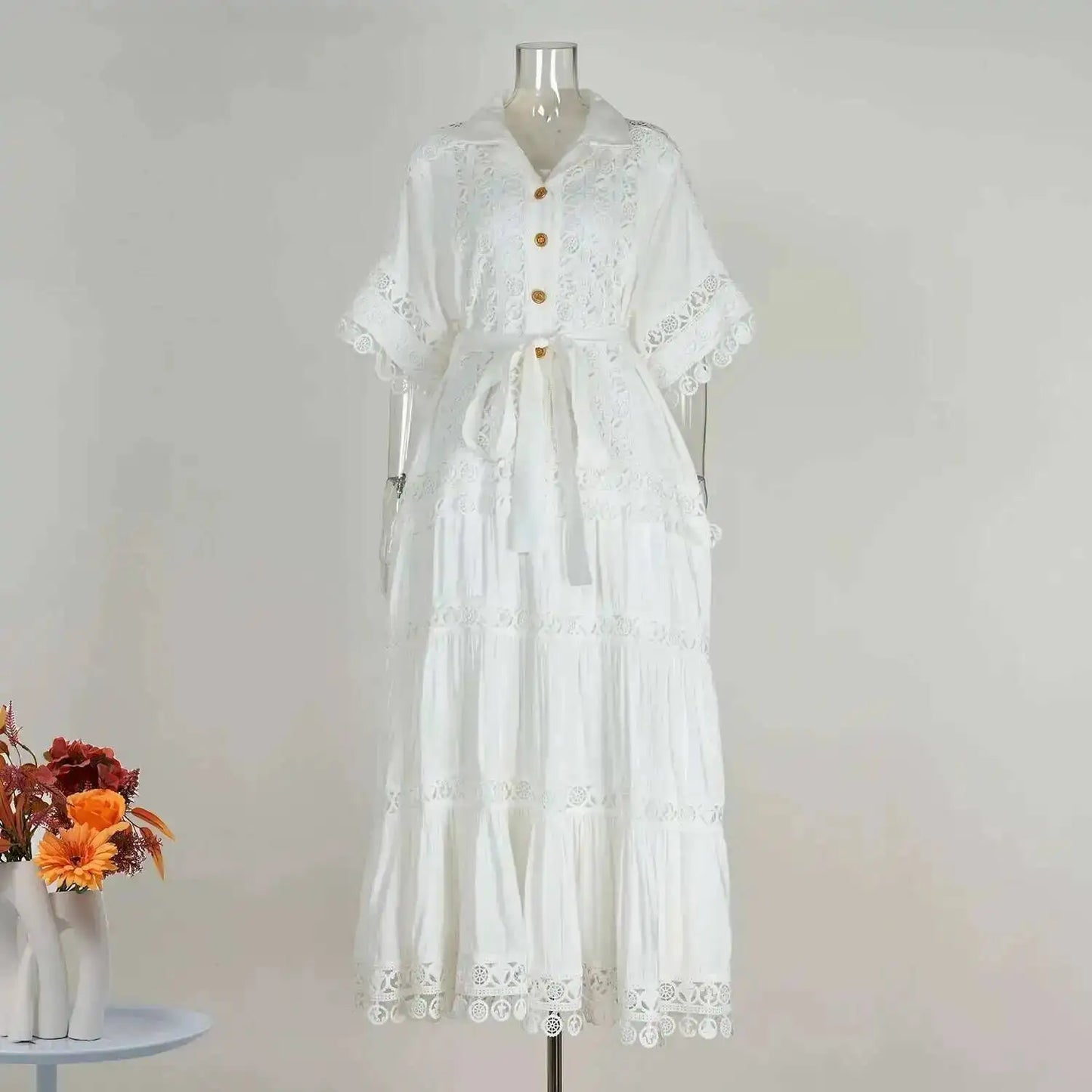 Luxury Long Maxi Dresses Shirt Women 2025 Summer Holiday Lace Embroidery Cotton Loose Big Size Hollow Out Wedding Dress White