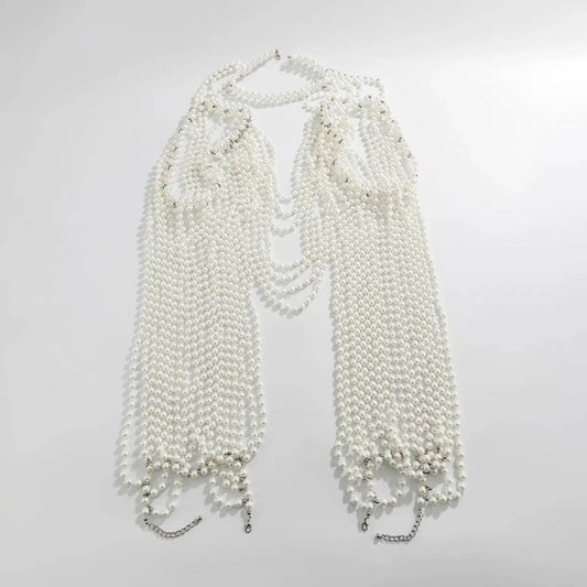 KunJoe Luxury Multi-layer Imitation Pearl Shawl Body Chain Women Elegant Long Necklace Body Jewelry Bride Wedding Accessories