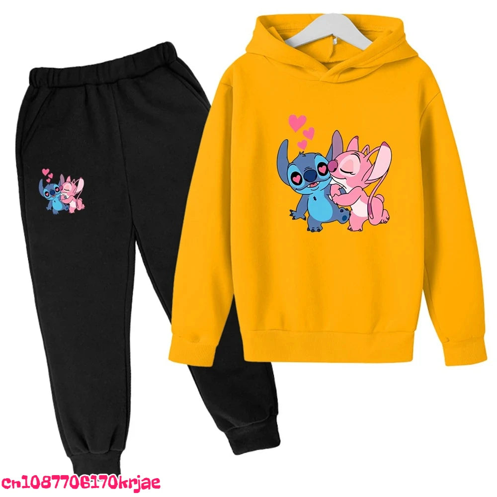 2025 Stitch Children's Hoodie Clothing Leisure Outerwear Black Sweatshirt +pants Set Suitable 3-12 Years Boys Girls Gift Spring