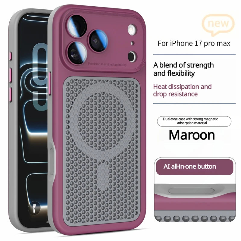 Heat Dissipation Mesh Magnetic Case for iPhone 17 15 14 13 12 16 Pro Max Plus For Magsafe Lens Protector Shockproof Bumper Cover