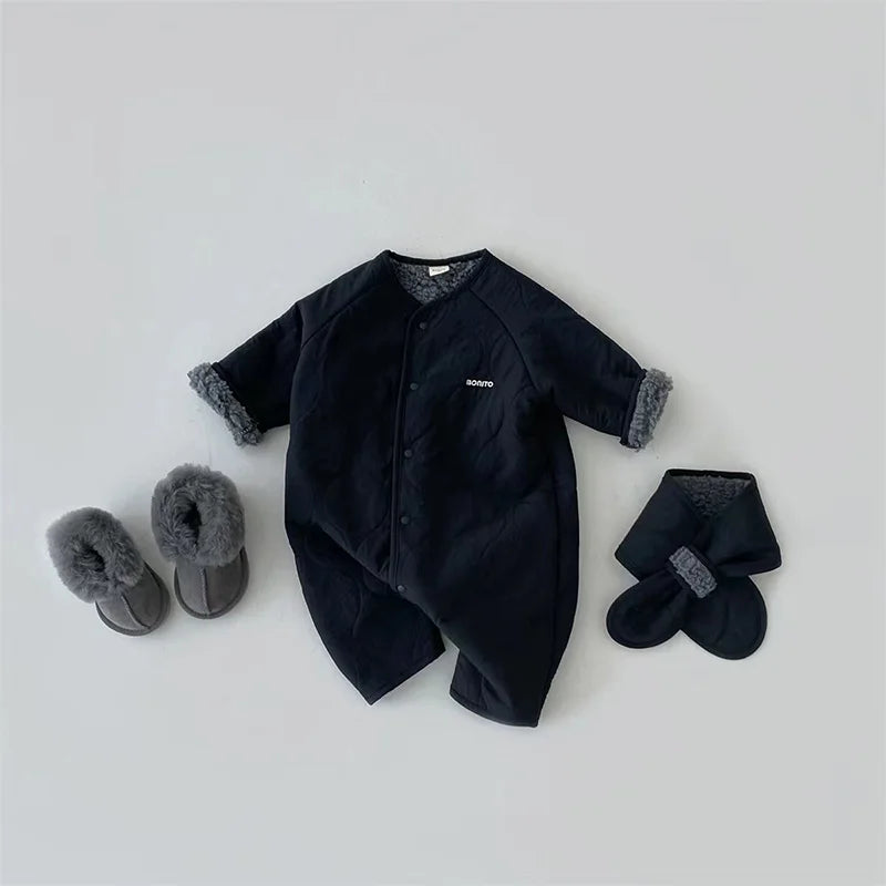 Korean Baby Jumpsuit Scarf Set Autumn Winter Lamb Wool Romper for Boys Girls Toddler Infant Clothes Loose Newborn Onesie 2Pcs
