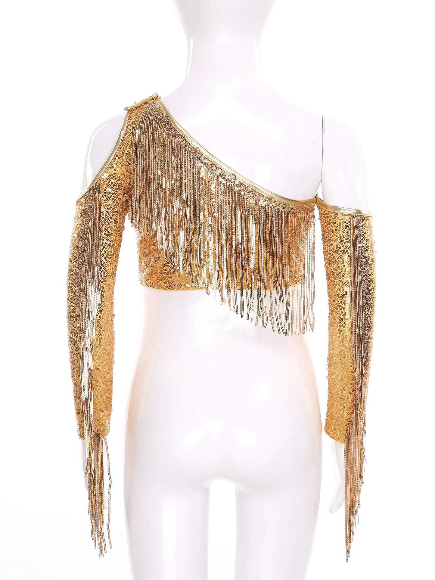 Children's One Shoulder Tassels Tops Streetwear Kids Girls Sequins Crop Top T-shirts Fashion Shiny Stage Performance Costume