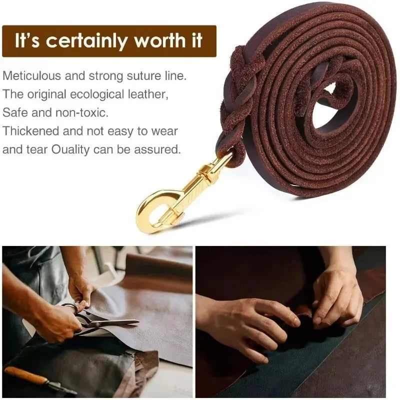 Handmade Genuine Leather Braided Dog Leash Heavy-Duty Training Lead with Metal Hook for Medium/Large Pets Dog Collar