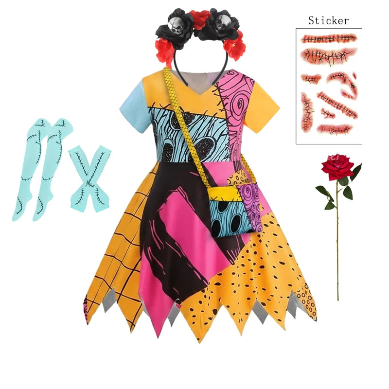 2026 Halloween Horror Party Cosplay Costume for Girl The Nightmare Before Xmas Role Play Dress up Toddler Classic Sally Frocks