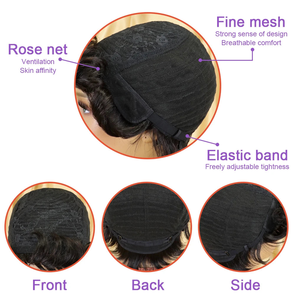 Women's Short Pixie Cut Human Hair Wig -full Machine Made 180% Density Human Hair Straight Natural Wig with Bangs