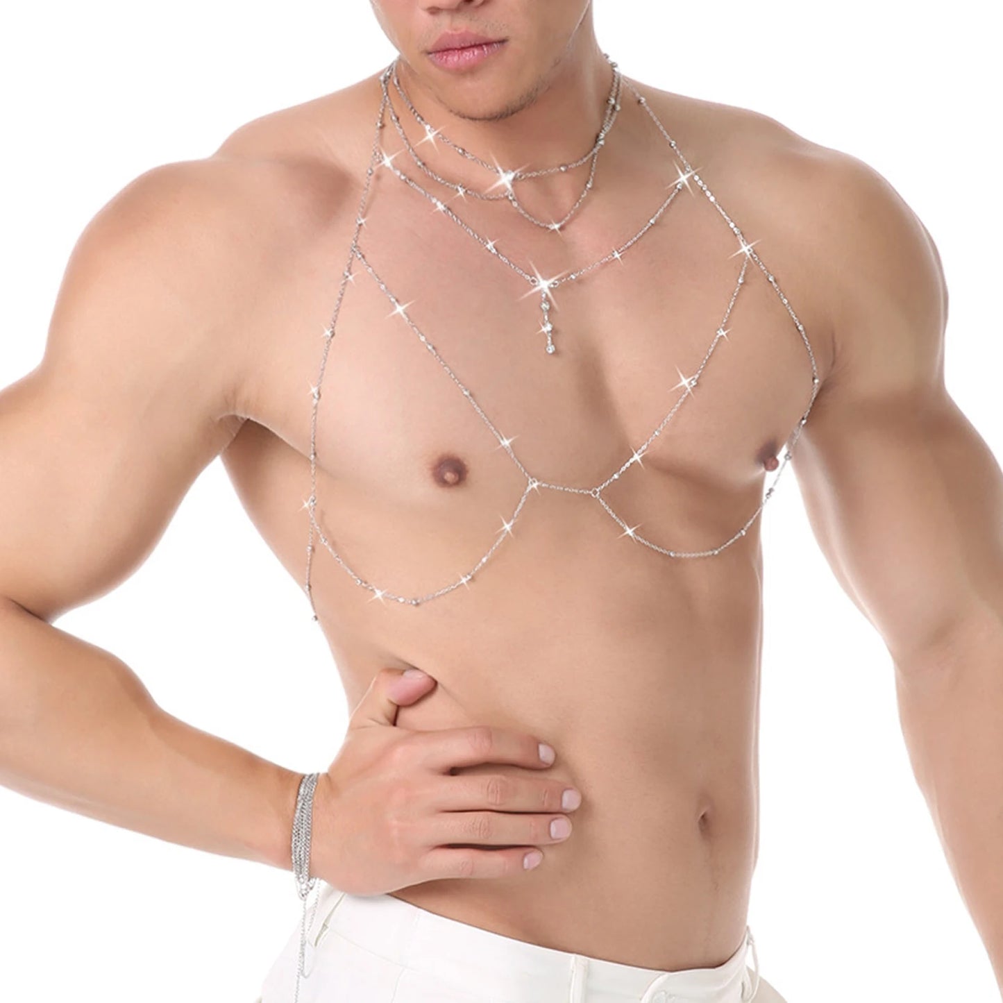 Body Chest Chains Harness Rhinestones Sexy Charm Necklaces Chain Men Bondage Costume Fashion Gift Nightclub Wear