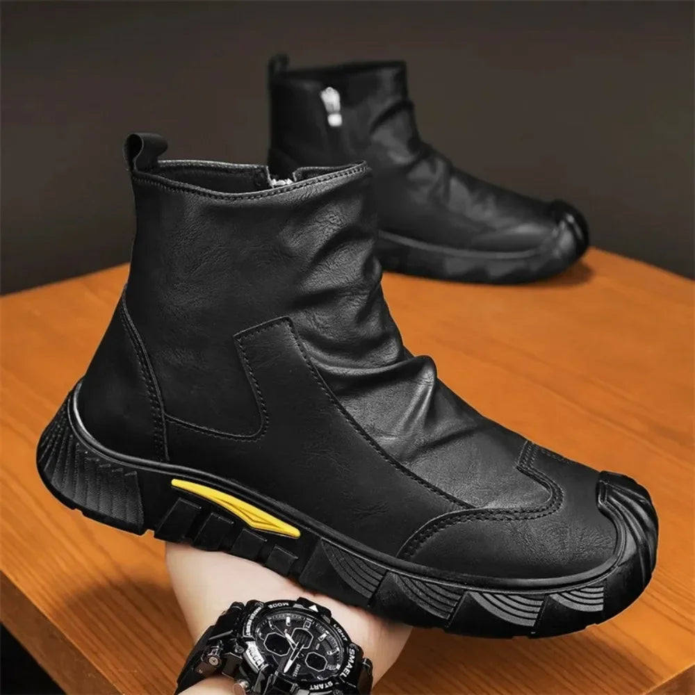 Fipatbu Unisex wool-lined barefoot leather boots with a solid color and a wide-toe design
