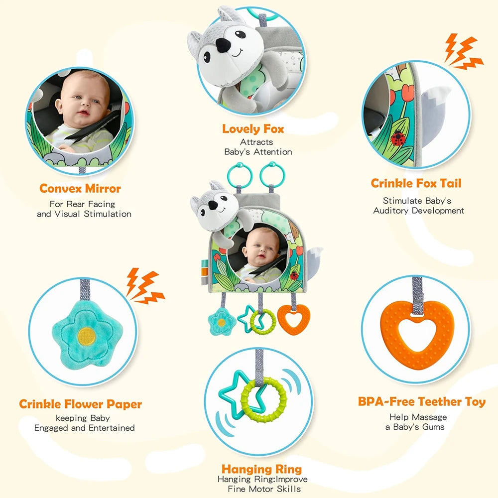 Baby Mirror Car Seat Toys Rear Teether and Crinkle Pape Fun Travel Infant Tummy Time Toys Babies Carseat Toy for Newborns Gifts