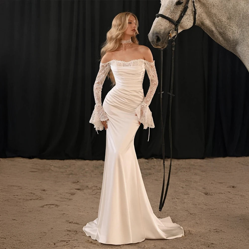 Customized Vintage-Inspired Off-Shoulder Lace Sleeve Bridal Dress Satin Ruched Mermaid Wedding Gown for Elegant Brides