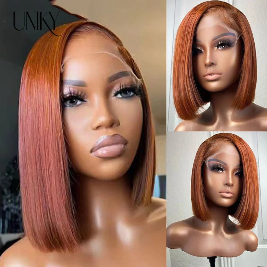 Short Bob Human Hair Wigs Straight Reddish Brown 13x4 Full Lace Frontal Wigs For Women 180 Density Color #33 Glueless Wig