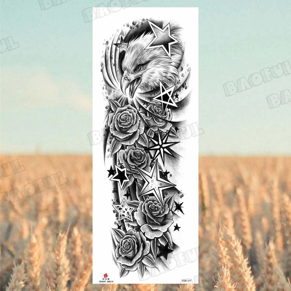 BAOFUL Full Arm Sleeve Temporary Tattoos For Women Men Realistic Wolf Lion Warrior Maori Fake Tattoo Stickers Thigh Leg Tatoos