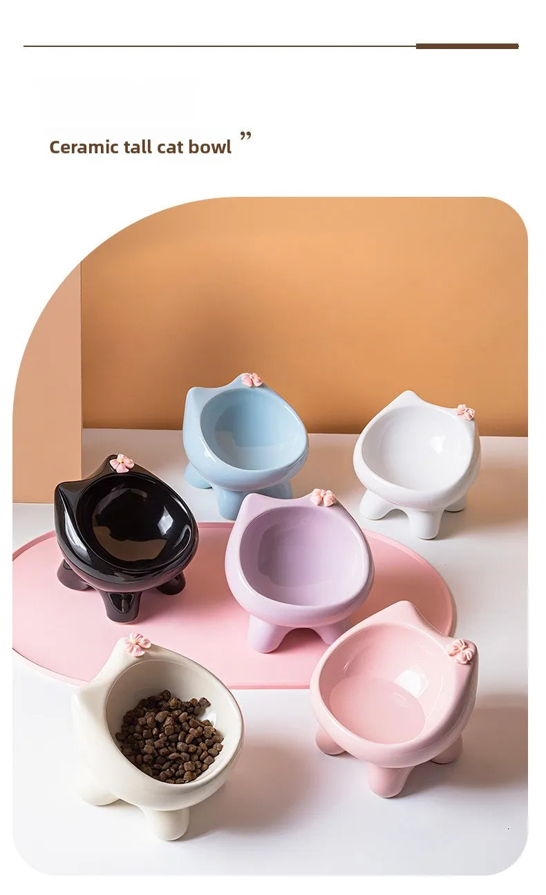 Ceramic Heightening Bowl Set | Cute Macaron Color Series，Slanted Spill-Proof，Cat Slow Feeder Bowl，InsEasy to Clean，Multi-Color O
