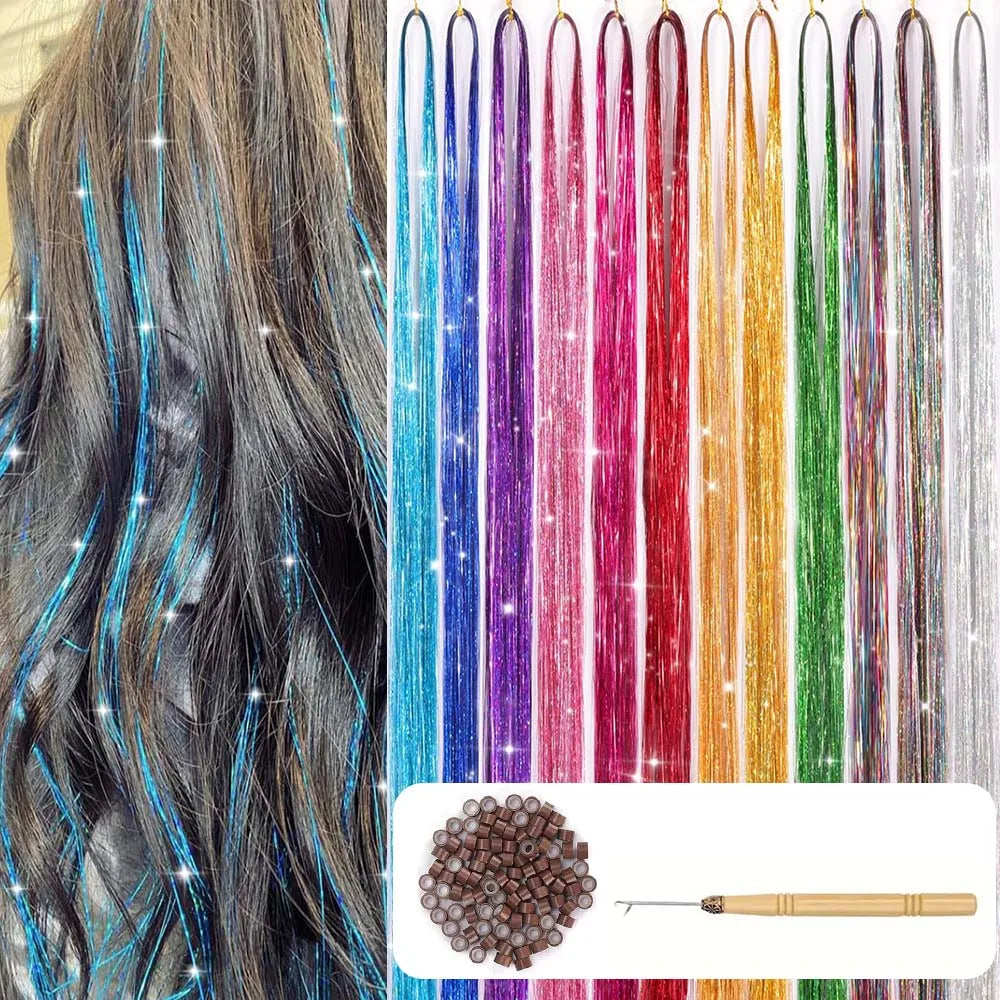 12pcs Synthetic Hair Tinsel Kit Heat Resistant Sparkling Shiny Tinsel Hair Fairy hair 12 Colors Tinsel Strands Highlights