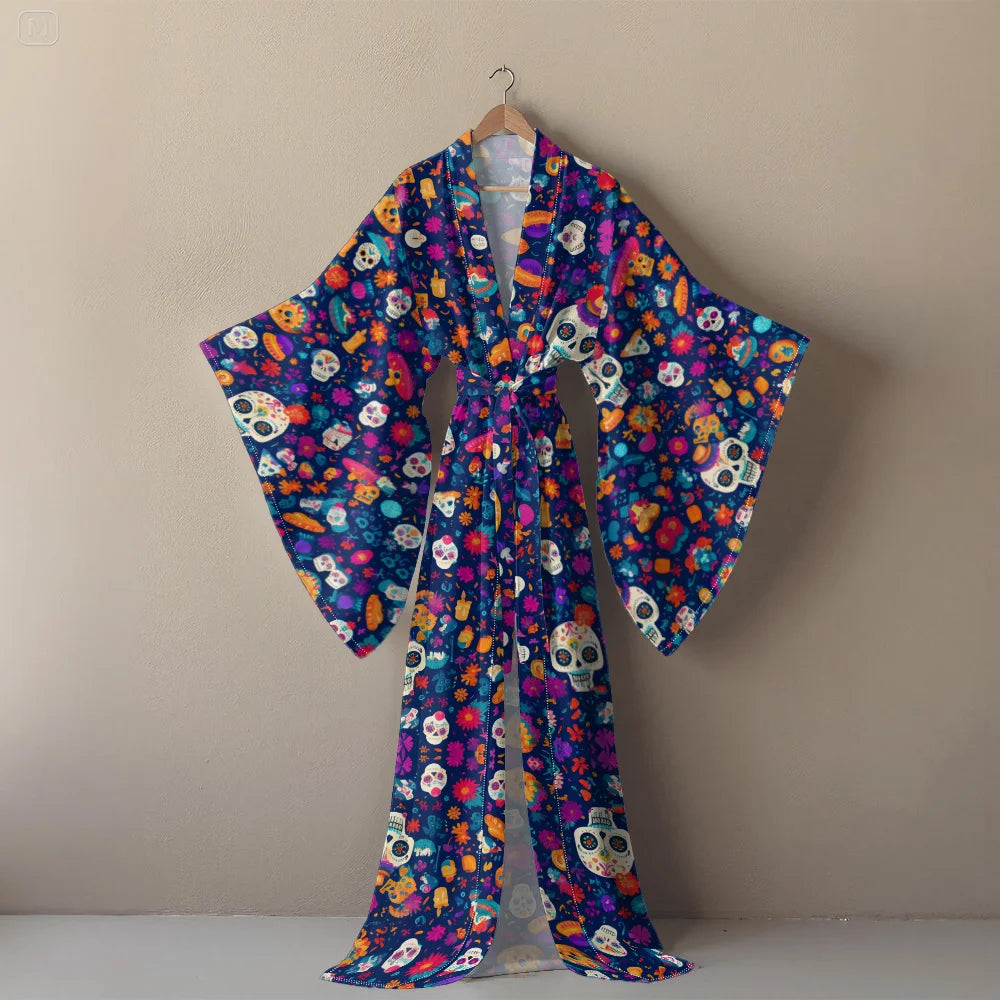 Halloween Cosplay Women's Sexy V-Neck Robe with Abstract Ghost Print - Long Sleeve Party Costume Unique Vampire Witch Long Robe